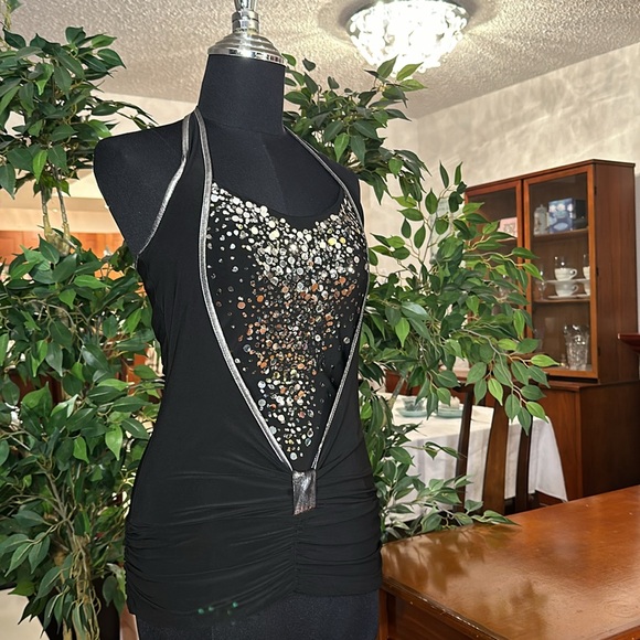 💖 Sexy Size Small Sparkly Silver Sequins Black Halter Top - Picture 3 of 10